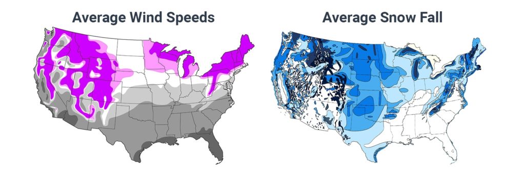 USA Average Snow Fall and Wind Speeds