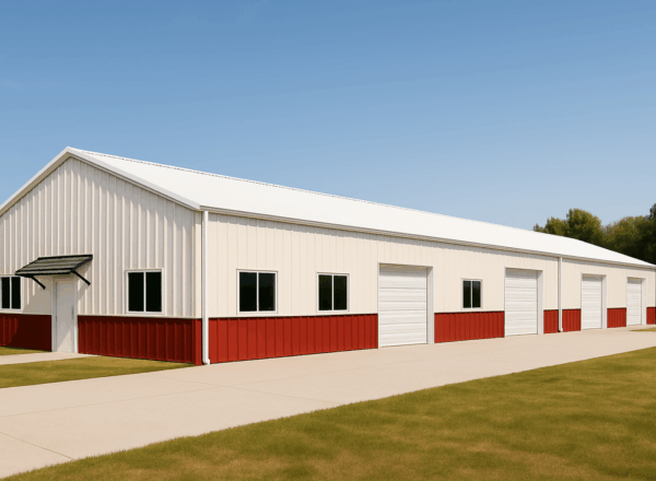 Will's 40x125 metal shop and storage building in Alabama features a Polar White roof and walls, Rustic Red wainscot, multiple overhead doors, gutters, and concrete aprons.